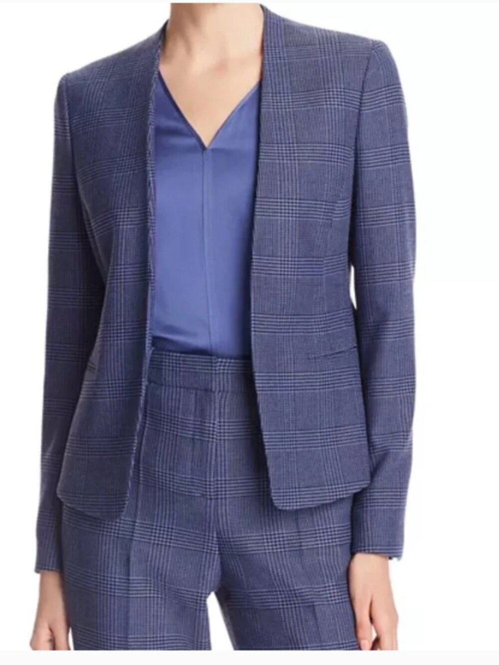 Hugo Boss Jalesta Blue Glencheck Plaid Open Front Blazer